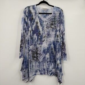 Jess & Jane T-Shirt Womens 2X Blue Abstract Rhinestone Tunic V-Neck Long Sleeve
